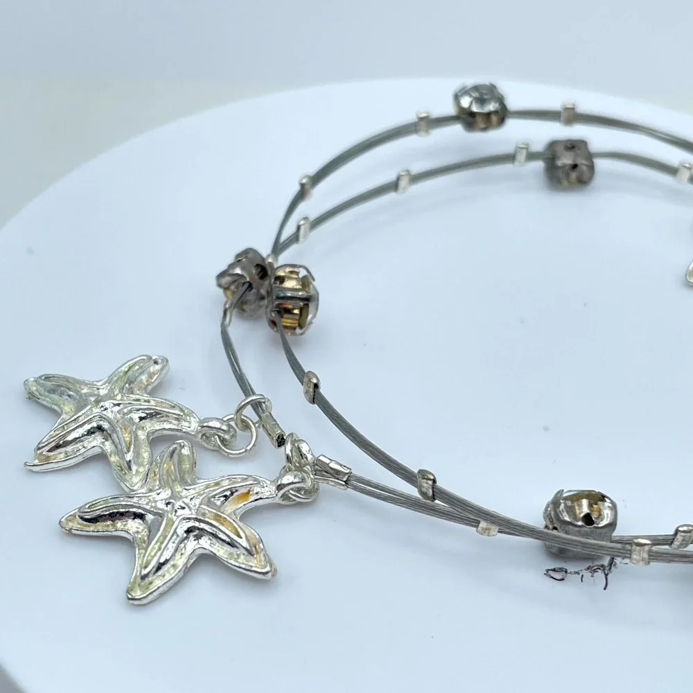 Vintage Silver-Tone Prong Starfish Affinity Double Strand Wire Bangle Bracelet